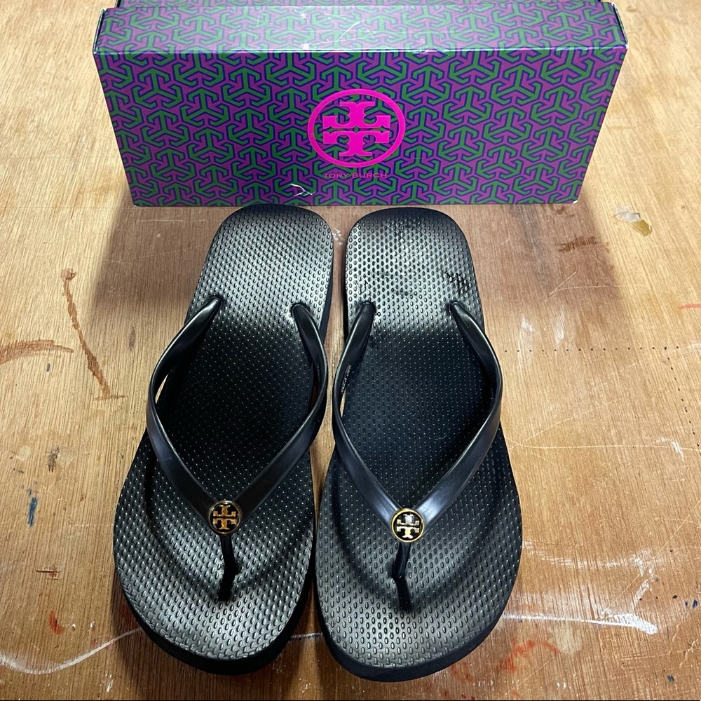 Tory Burch Black Wedge Flip Flops
